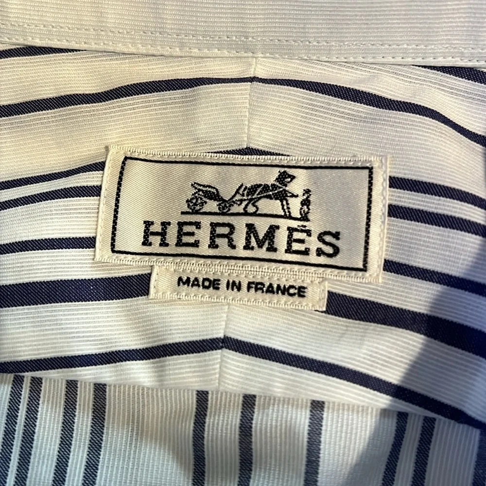 Hermés made in France men’s 43/17 button long sleeve shirt blue and white stripe - Picture 6 of 13